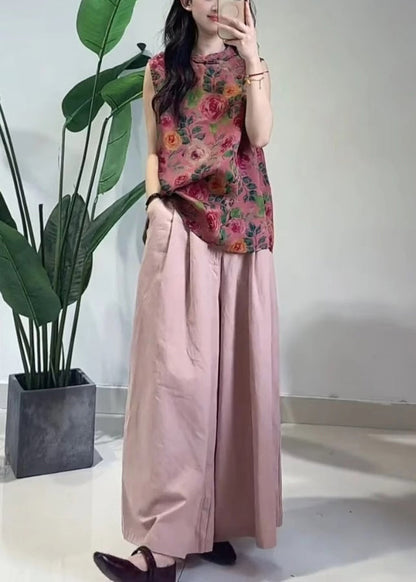 Chinese Style Rose Print Tops and Pink Pockets Pants Cotton Two Piece Set Sleeveless