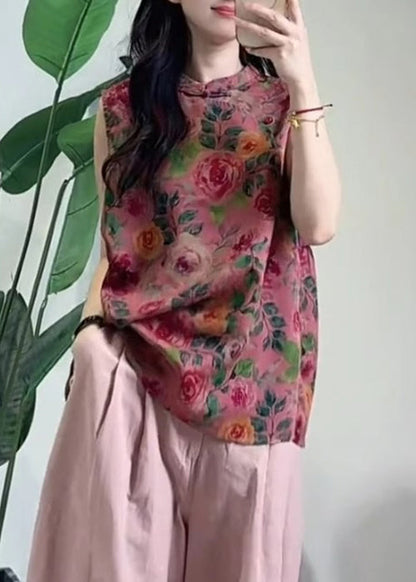 Chinese Style Rose Print Tops and Pink Pockets Pants Cotton Two Piece Set Sleeveless