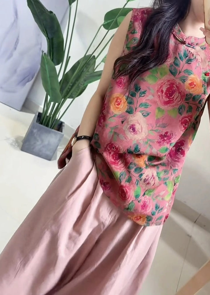 Chinese Style Rose Print Tops and Pink Pockets Pants Cotton Two Piece Set Sleeveless