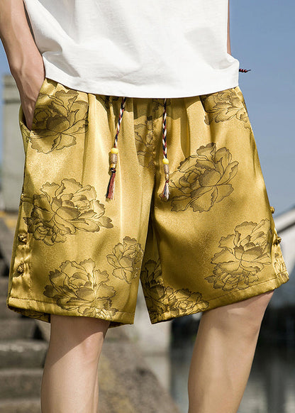 Chinese Style Silver Print Summer Ice Silk Beach Beach Shorts