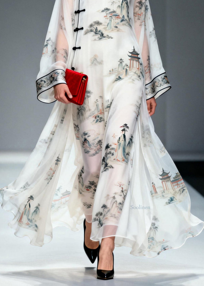 Chinese Style Stand Collar Print Oriental Button Chiffon Dress Spring