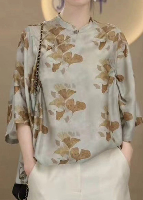 Chinese Style Stand Collar Print Silk Shirt Tops Bracelet Sleeve