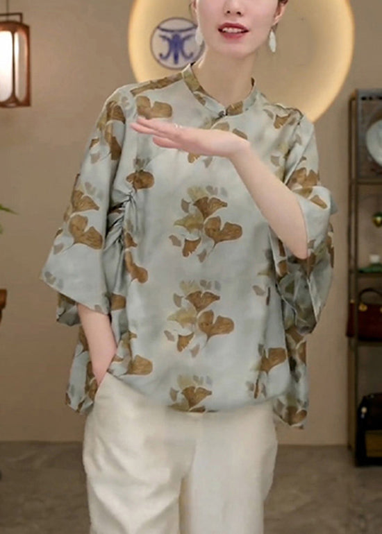 Chinese Style Stand Collar Print Silk Shirt Tops Bracelet Sleeve