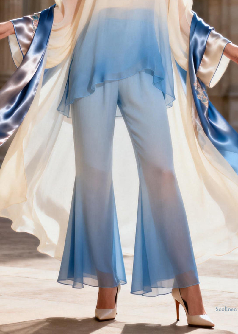Chinese Style Stand Collar Silk Shirts and Flared Trousers Two Pieces Set Spring
