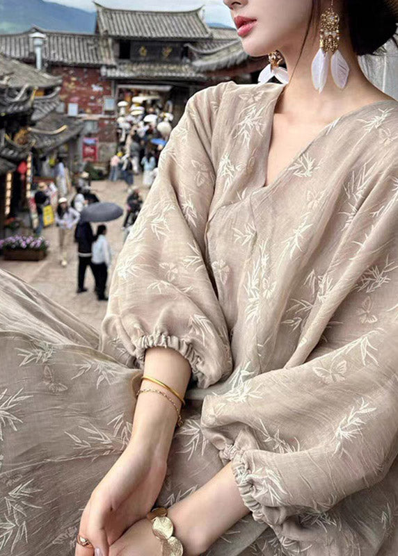 Chinese Style V Neck Print Maxi Dresses Lantern Sleeve