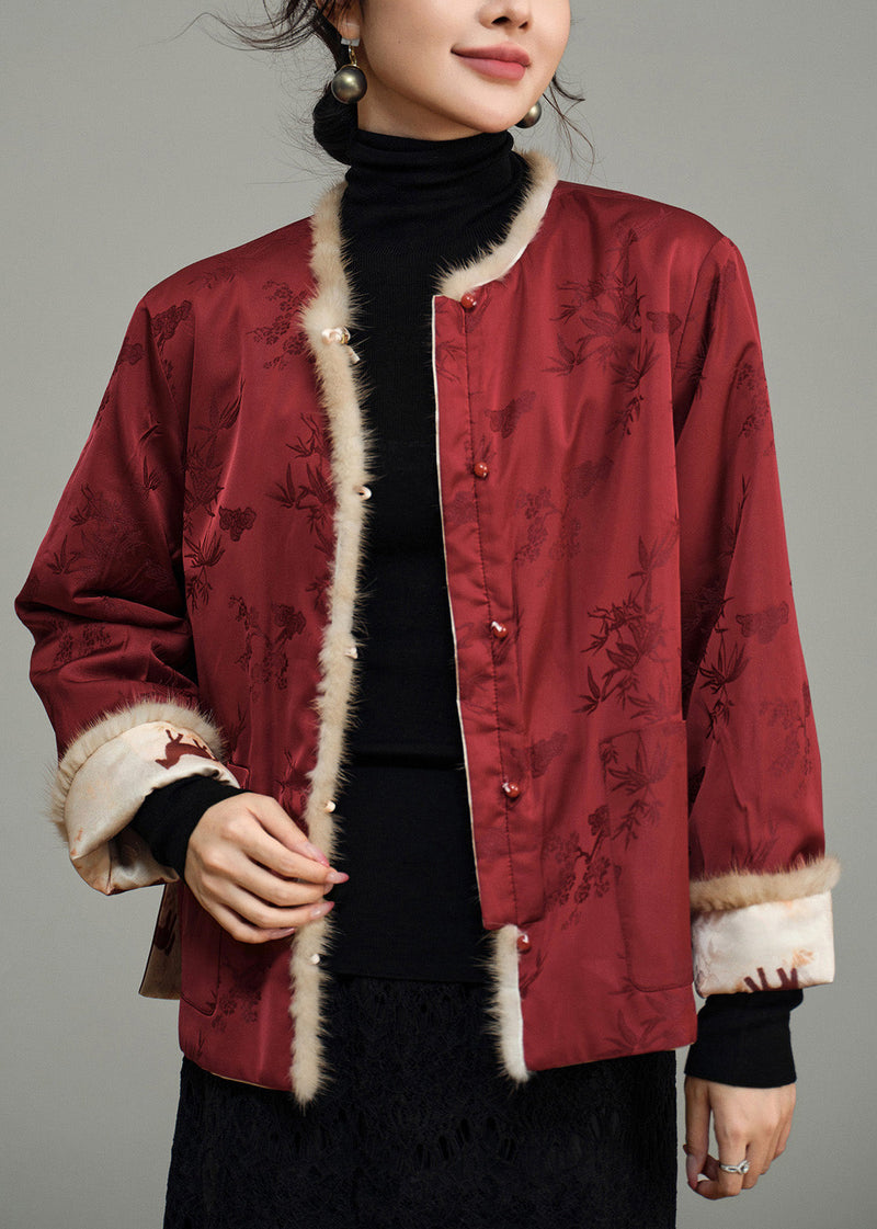 Chinese Style Wear on Both Sides Jacquard Fur Patchwork Coat Winter