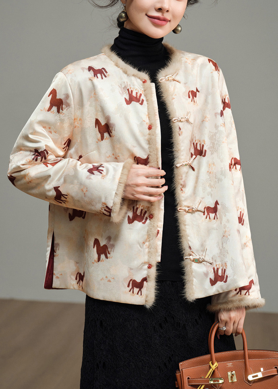 Chinese Style Wear on Both Sides Jacquard Fur Patchwork Coat Winter