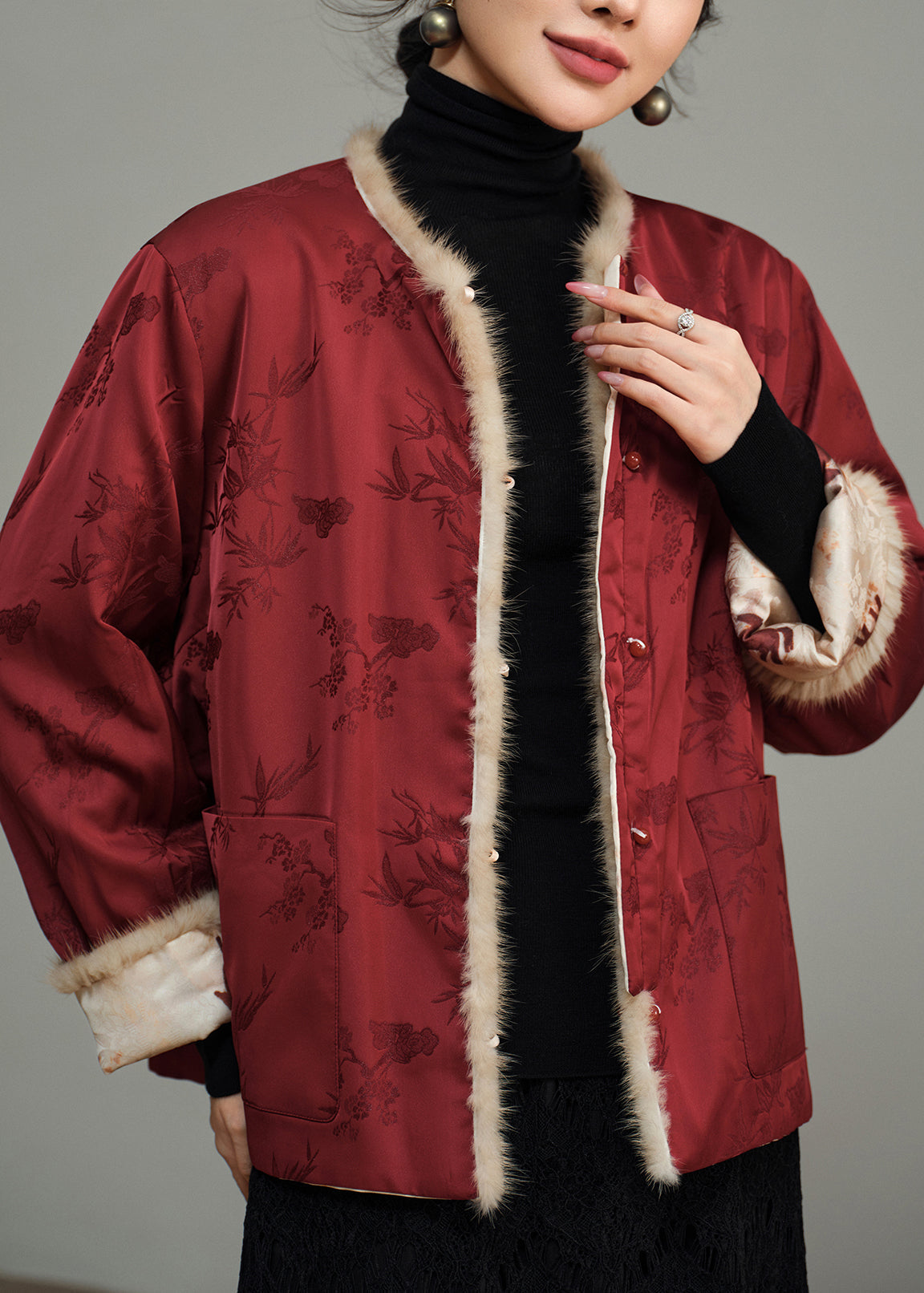 Chinese Style Wear on Both Sides Jacquard Fur Patchwork Coat Winter