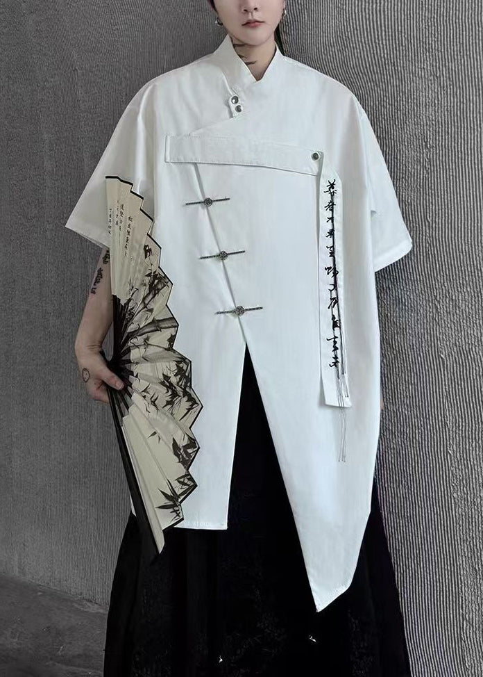 Chinese Style White Asymmetrical Button Cotton Shirts Summer