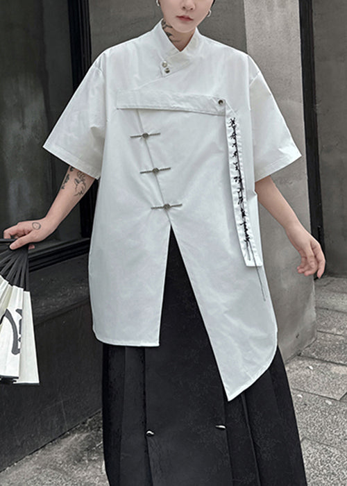 Chinese Style White Asymmetrical Button Cotton Shirts Summer