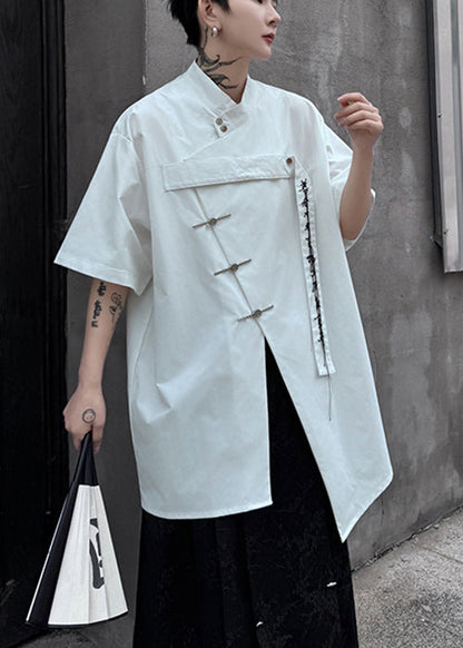 Chinese Style White Asymmetrical Button Cotton Shirts Summer
