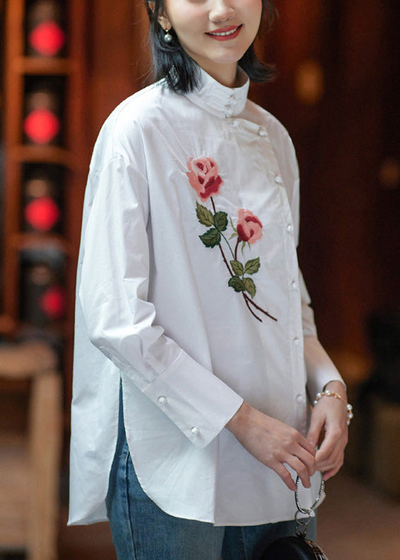 Chinese Style White Button Embroideried Cotton Shirt Long Sleeve
