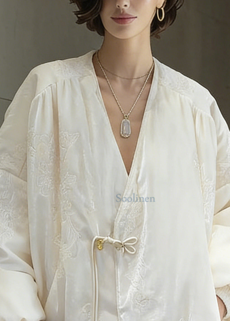 Chinese Style White Embroidered Duck Down Coats Winter
