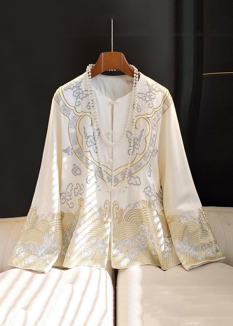 Chinese Style Black Texture Print Button Silk Coat Long Sleeve