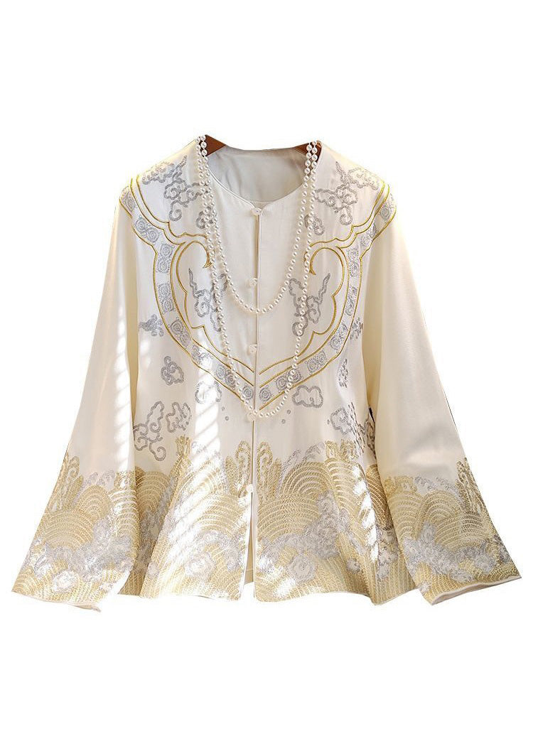 Chinese Style Black Flower Print Button Silk Coat Long Sleeve