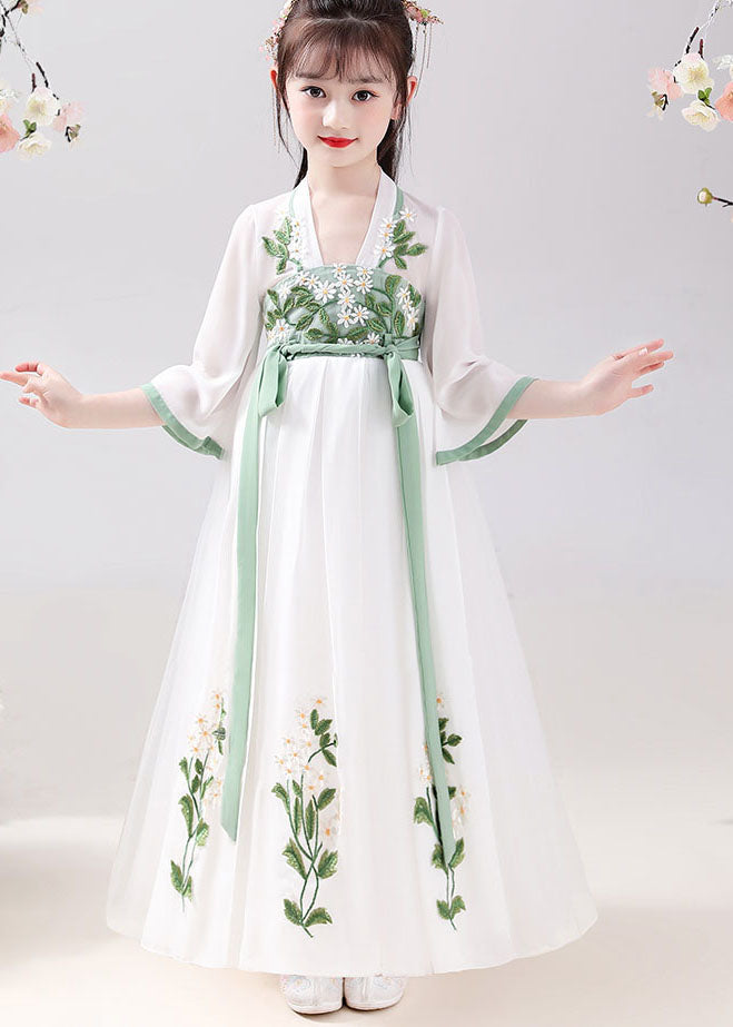 Chinese Style White Embroideried Tie Waist Patchwork Chiffon Kids Dresses Summer