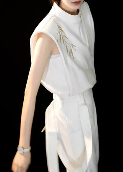 Chinese Style White O-neck Embroidered Top and Straight Pants Two Piece Set Summer