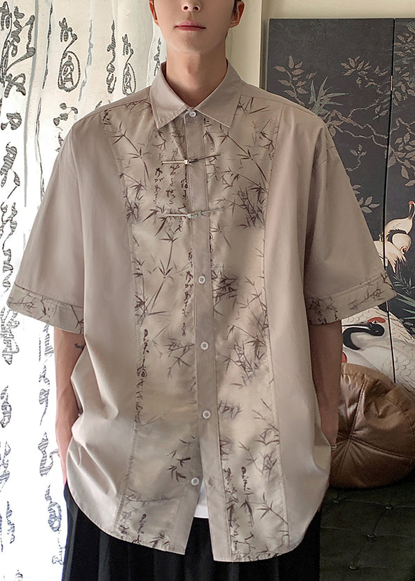 Chinese Style White Peter Pan Collar Print Ice Silk Shirt Summer