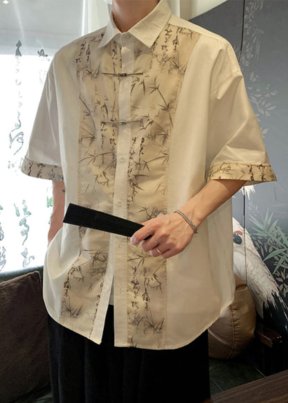 Chinese Style White Peter Pan Collar Print Ice Silk Shirt Summer