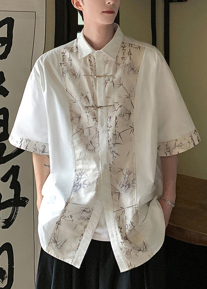 Chinese Style White Peter Pan Collar Print Ice Silk Shirt Summer
