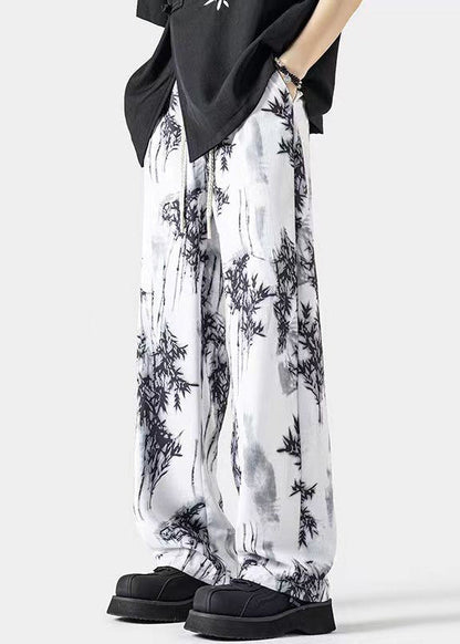 Chinese Style White Pockets Print Ice Silk Pants Summer