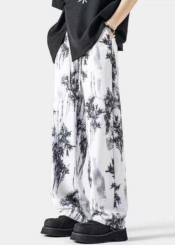 Chinese Style White Pockets Print Ice Silk Pants Summer