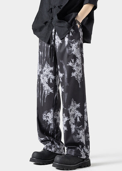 Chinese Style White Pockets Print Ice Silk Pants Summer