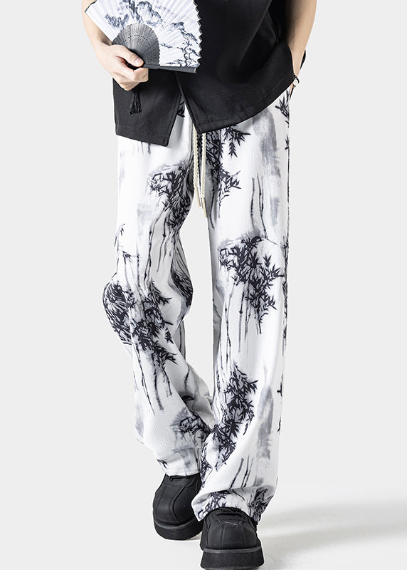 Chinese Style White Pockets Print Ice Silk Pants Summer