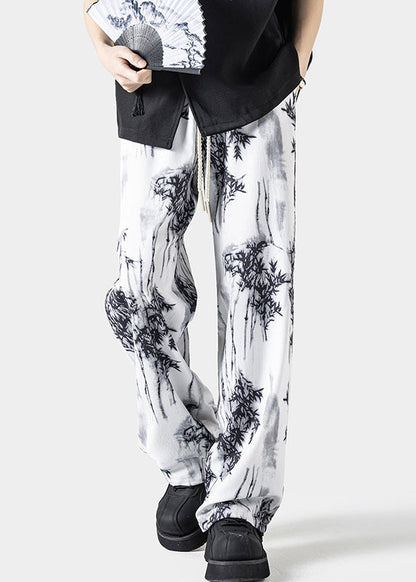 Chinese Style White Pockets Print Ice Silk Pants Summer