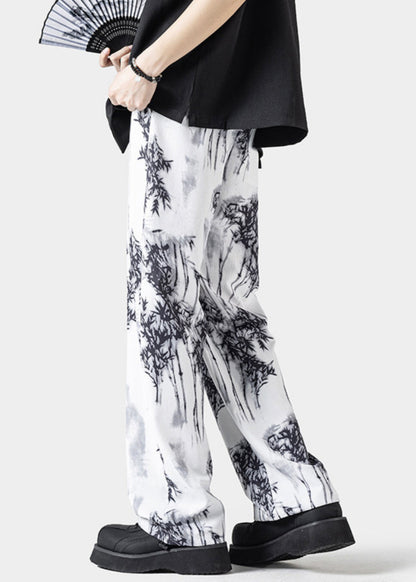 Chinese Style White Pockets Print Ice Silk Pants Summer
