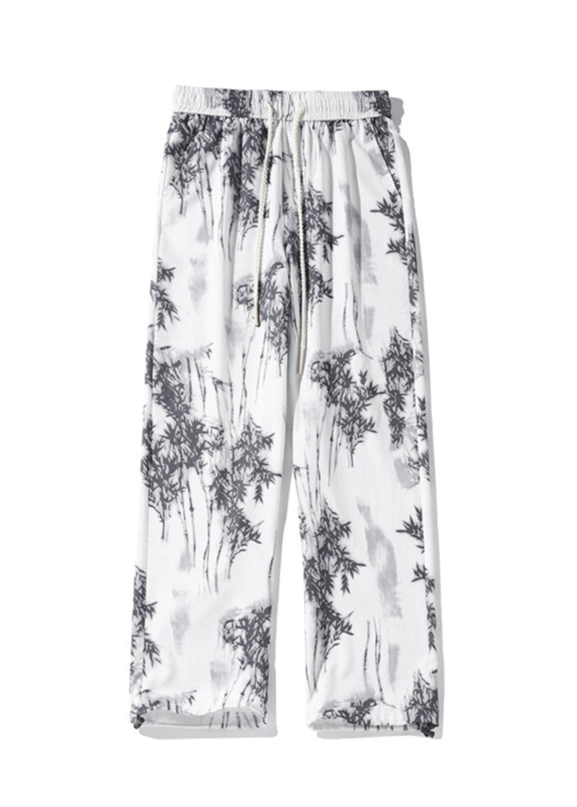 Chinese Style White Pockets Print Ice Silk Pants Summer