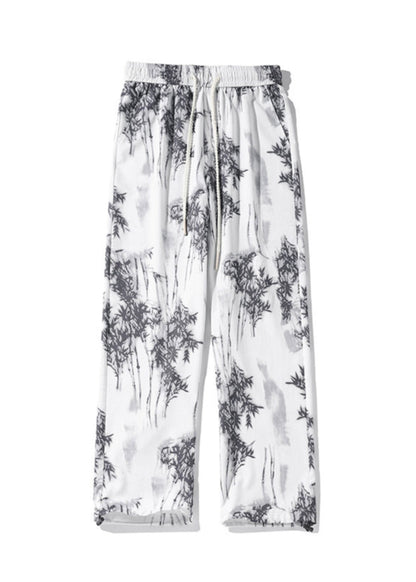 Chinese Style White Pockets Print Ice Silk Pants Summer