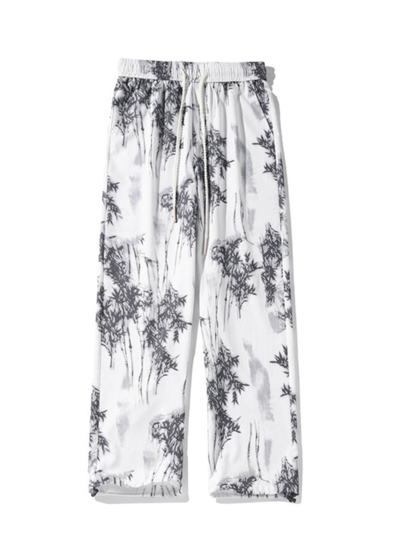 Chinese Style White Pockets Print Ice Silk Pants Summer