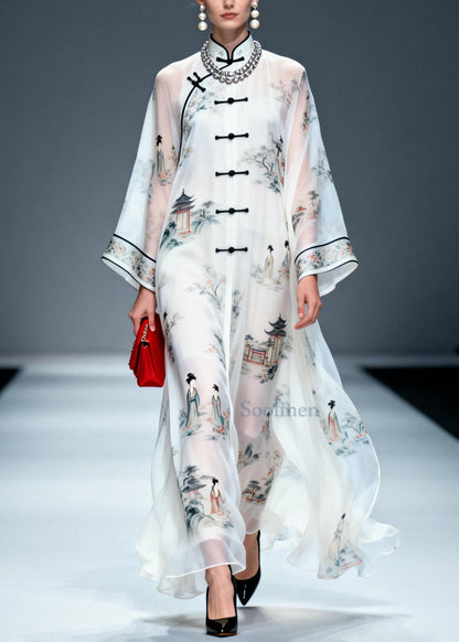 Chinese Style White Print Draping Chiffon Long Dress Summer