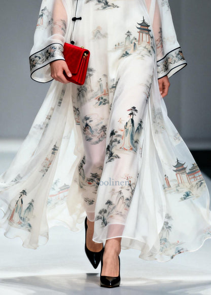 Chinese Style White Print Exra Large Hem Chiffon Dresses Summer