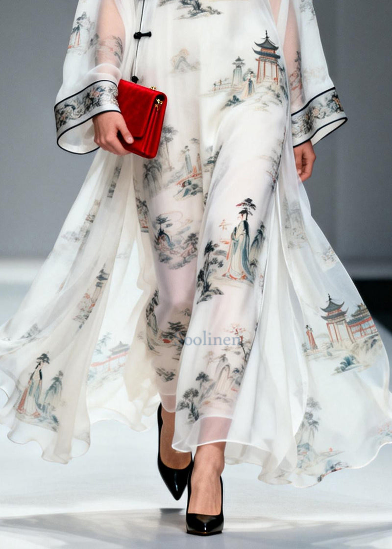 Chinese Style White Print Exra Large Hem Chiffon Dresses Summer