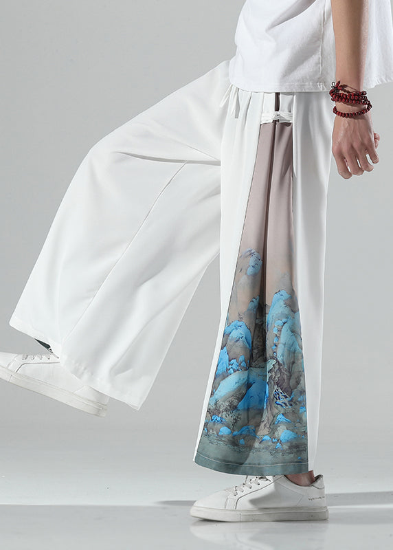 Chinese Style White Print Patchwork Ice Silk Wide Leg Pants Summer