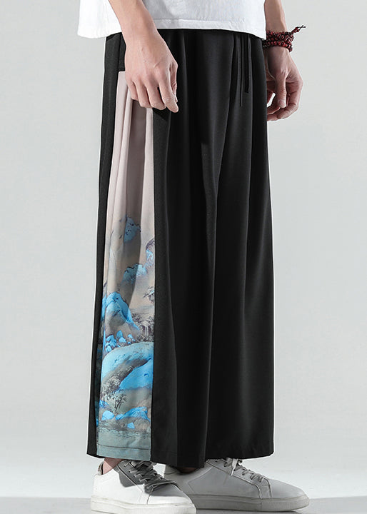 Chinese Style White Print Patchwork Ice Silk Wide Leg Pants Summer