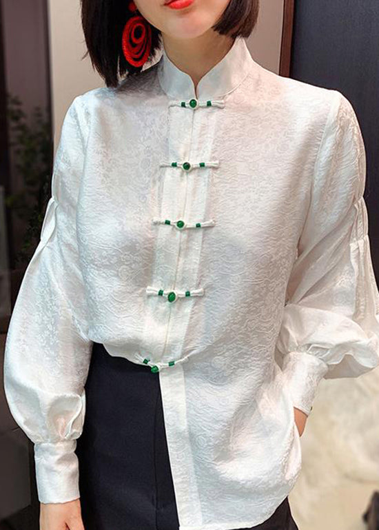 Chinese Style Green Bamboo Stand Collar Button Jacquard Silk Blouse Tops Lantern Sleeve