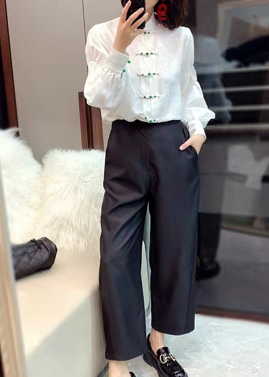 Chinese Style White Flowers and Birds Stand Collar Button Jacquard Silk Blouse Tops Lantern Sleeve