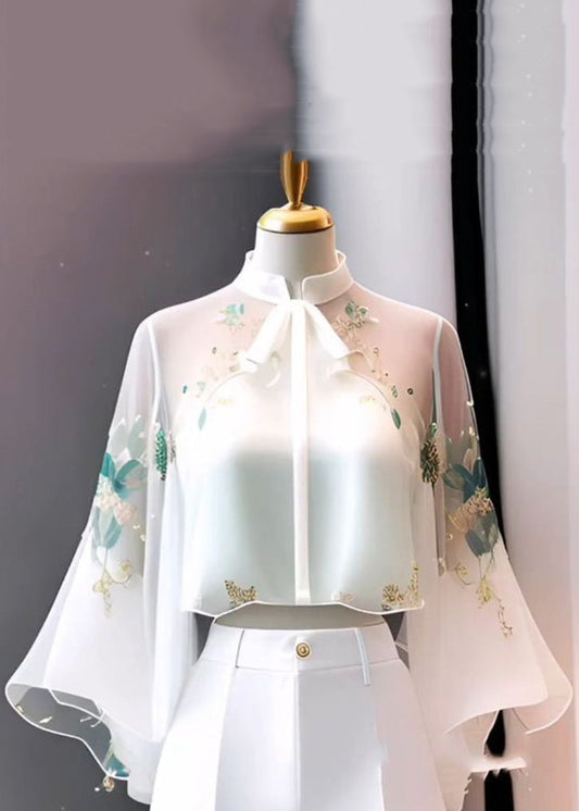 Chinese Style White Stand Collar Embroidered Chiffon Flare Sleeve Spring