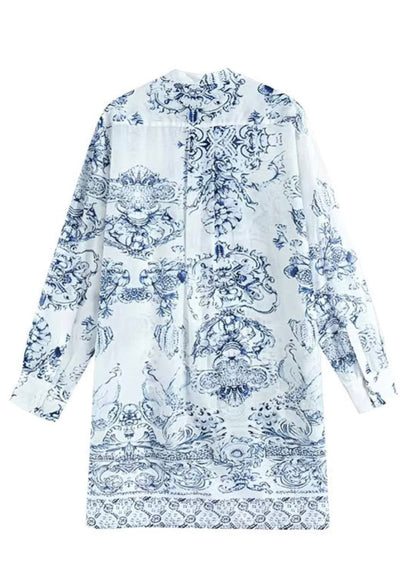Chinese Style White Stand Collar Print Shirt Spring