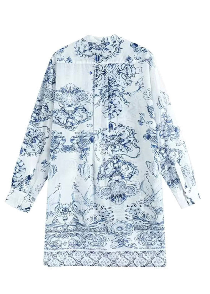 Chinese Style White Stand Collar Print Shirt Spring
