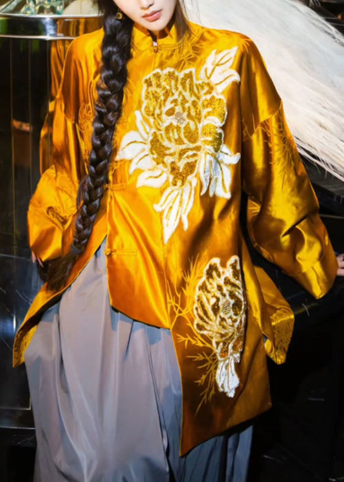 Chinese Style Yellow Button Print Blend Coats Long Sleeve