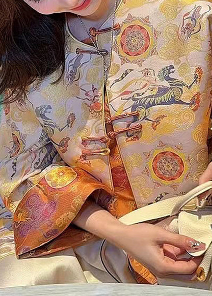 Chinese Style Yellow O-neck Button Silk Coats Spring