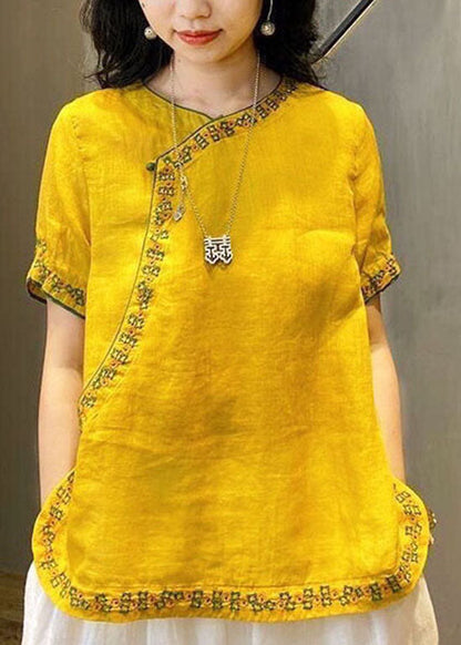 Chinese Style Yellow Flower O-neck Embroidered Linen Tops Short Sleeve