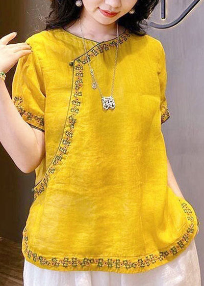 Chinese Style Blue Sunflower O-neck Embroidered Linen Tops Short Sleeve
