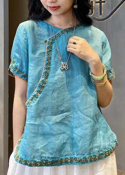 Chinese Style Yellow Flower O-neck Embroidered Linen Tops Short Sleeve
