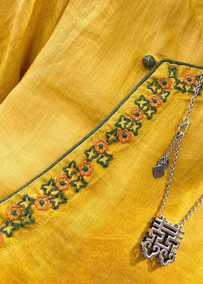 Chinese Style Blue Sunflower O-neck Embroidered Linen Tops Short Sleeve