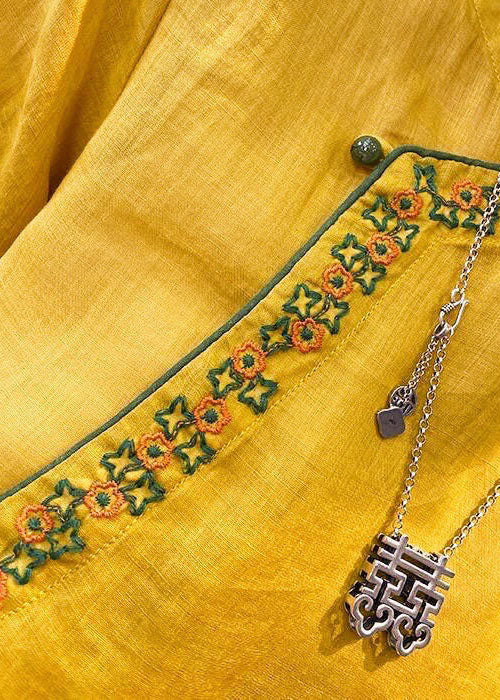 Chinese Style Yellow Flower O-neck Embroidered Linen Tops Short Sleeve